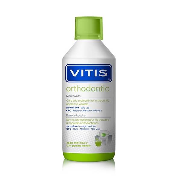 VITIS orthodontic to bezalkoholowy płyn opracowany specjalnie do codziennej higieny jamy ustnej dla osób noszących aparat ortodontyczny